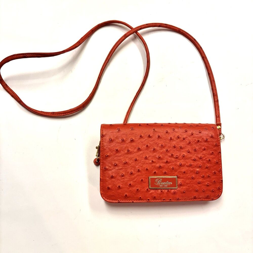 BUXTON Ostrich Leather Crossbody Wallet Clutch Burnt Orange NWOT